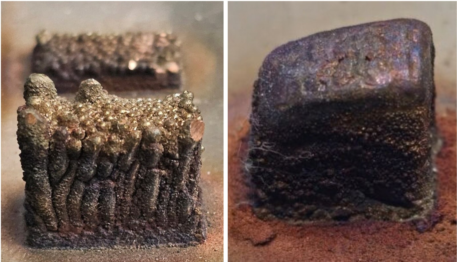 Two close-up photos of small 3D-printed GRCop-42 copper alloy blocks: at left, a failed print with rough, ridged columns and a beaded gold-colored top; at right, a successful print with a solid, smooth, dark purple-bronze body