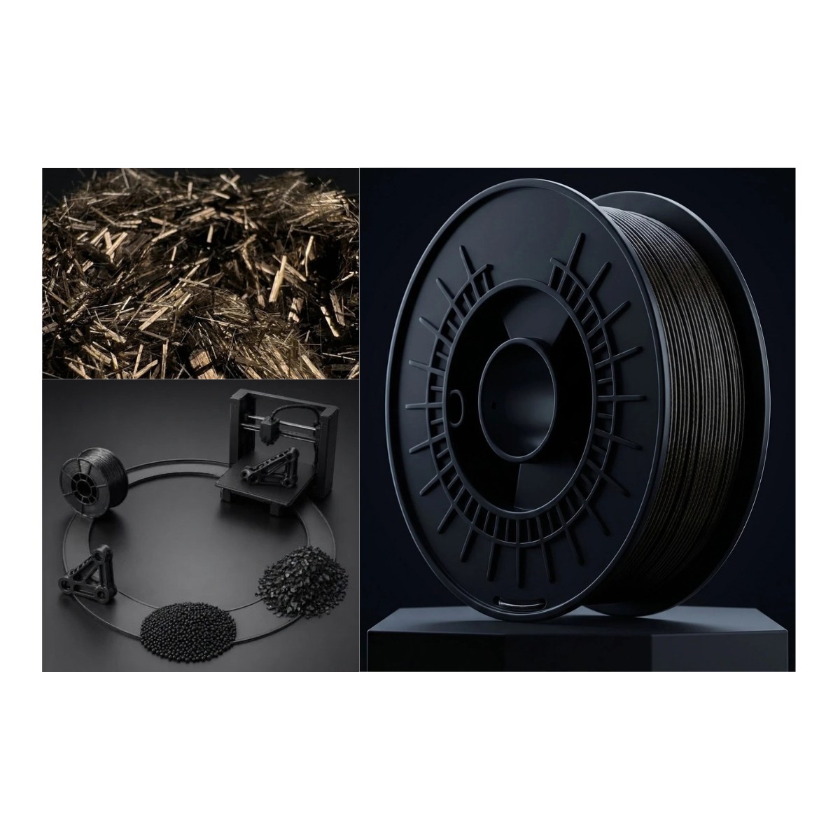 Chopped basalt fiber, a spool of black Eclipse X9 composite filament, and printed parts alongside ground pellets showing the recycling loop