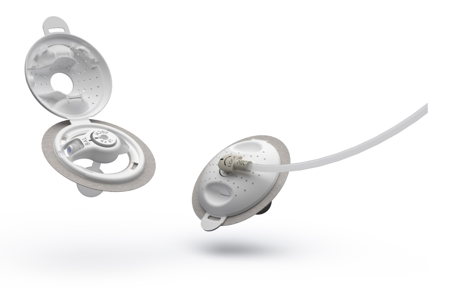 Two renderings of the Medmiro G-Guard on a white background: at left, the white device opened to show the G-tube port seated in its inner ring with the adhesive base beneath; at right, the closed, vented device with a feeding tube connected and the tube curving off to the right
