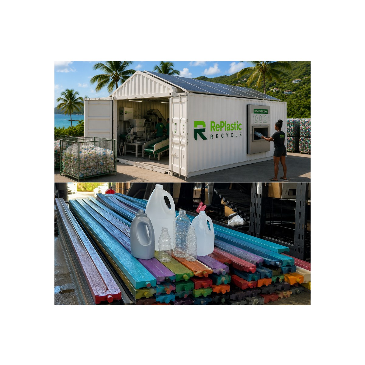 RePlastic Recycle's two-container recycling system on a Caribbean site, and the colored recycled-plastic lumber, pavers, and blocks it produces from sorted plastic bottles.