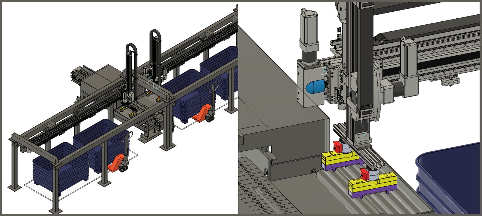 CAD renderings of an automated billet-handling system: an overhead gantry cell spanning stacked blue bins, and a close-up of the gantry's vertical axis and yellow end-of-arm tooling above a roller conveyor