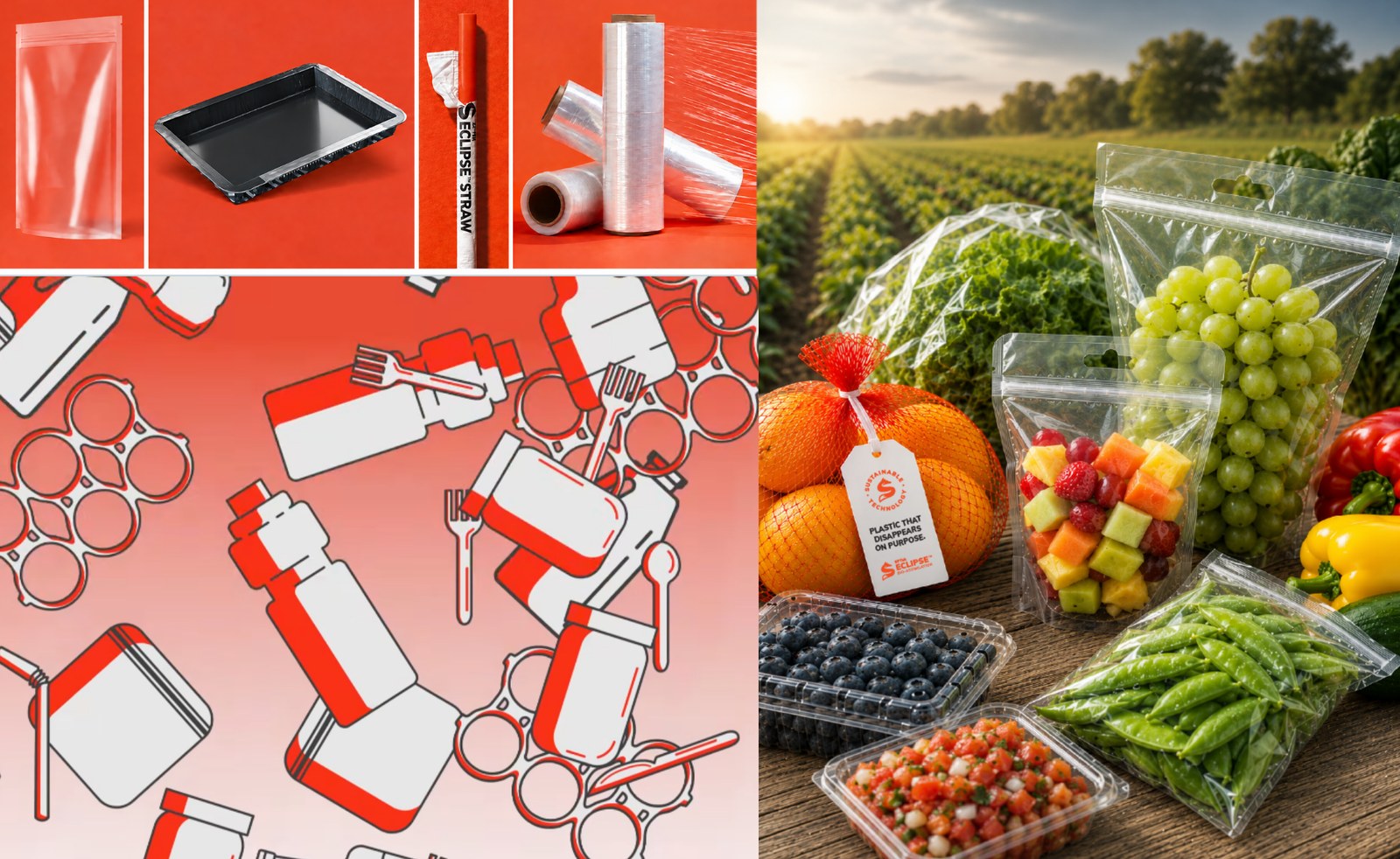 Composite of everyday polyolefin products on a red background and in a field setting: a clear pouch, a black tray, an ECLIPSE straw, and rolls of stretch film across the top; an illustrated pattern of bottles, forks, spoons, and six-pack rings below; and fresh produce in clear bags, trays, and a mesh sack with a tag reading "Plastic that disappears on purpose" at right