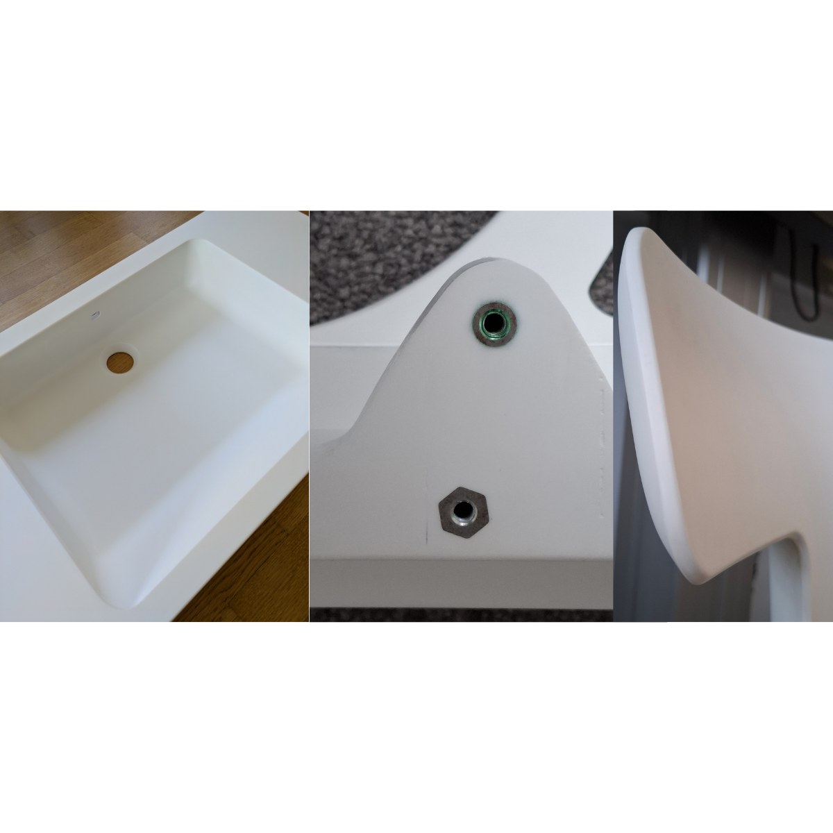 Three Arfinio parts made by reaction injection molding: a white molded washbasin, threaded metal fasteners set directly into the material, and a deep compound-curved solid-surface form.
