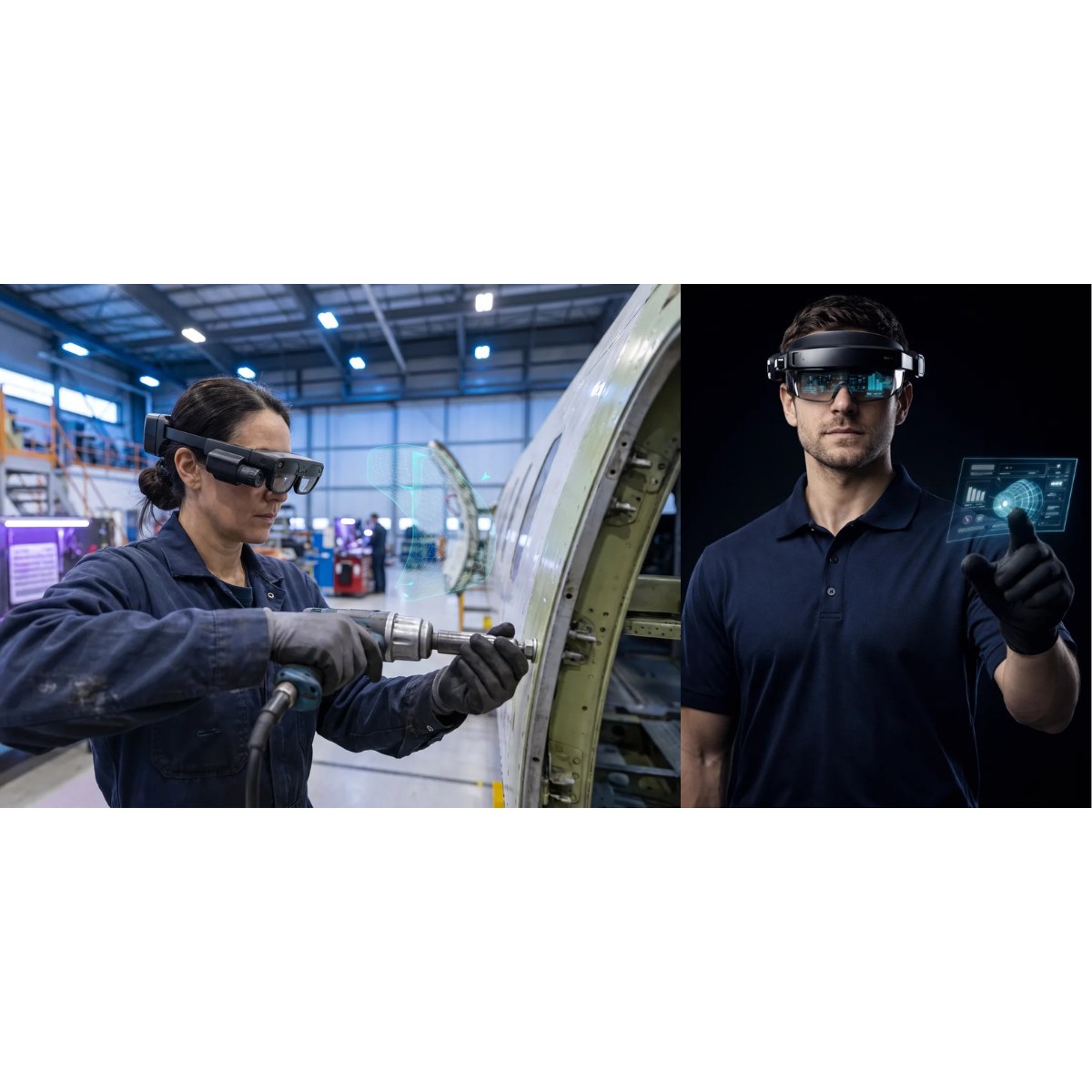 Two operators wearing commercially available augmented-reality headsets, one working on an aircraft fuselage with a holographic overlay and one interacting with a floating data panel, illustrating Holovast's hands-free work guidance.