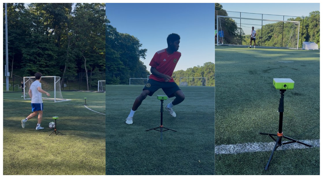 Three field views of the Sensi Fit sensor on a tripod at ground level: a player striking a ball past it, an athlete performing an agility movement over it, and a close-up of the green laser sensor unit.